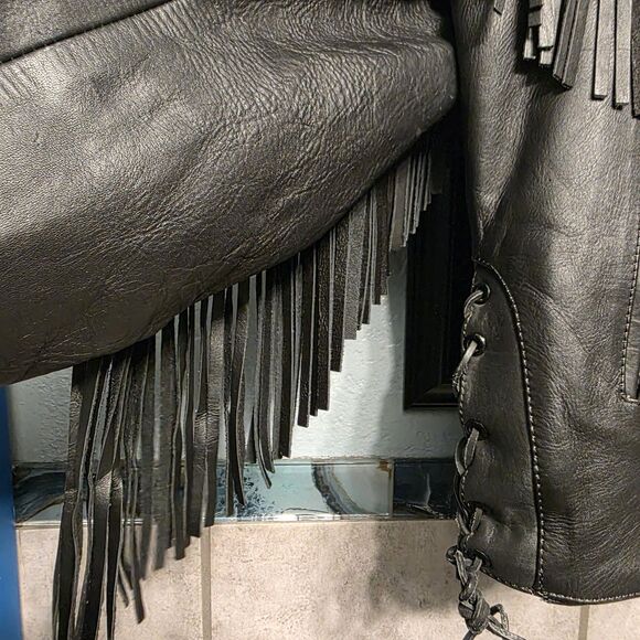 Vtg First Leather Motorcycle Biker Jacket Coat Fringe Red Rose Black Women Sz 12 - Picture 3 of 9